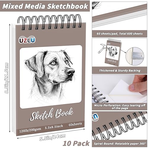 10 Pack 600 Sheets Heavyweight Sketchbook 5.5" x 8.5" 200GSM Very Thick Mixed Media Art Drawing Paper Bulk Top Spiral Bound Sketch Pad Marker Paper Hardcover Acid Free for Artist Beginner Art Supplies - size: 5.5 x 8.5"-600 Sheet-6 Pcs