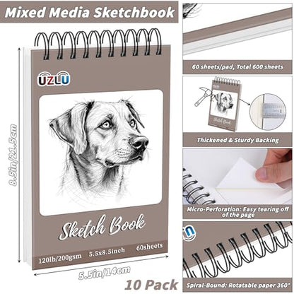 10 Pack 600 Sheets Heavyweight Sketchbook 5.5" x 8.5" 200GSM Very Thick Mixed Media Art Drawing Paper Bulk Top Spiral Bound Sketch Pad Marker Paper Hardcover Acid Free for Artist Beginner Art Supplies - size: 5.5 x 8.5"-600 Sheet-6 Pcs