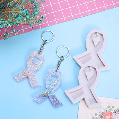 WILLBOND 6 Pcs Breast Cancer Awareness Ribbon Silicone Keychain Mold | Mold with Holes and 10 Pcs Key Rings for DIY Necklace Pendant Earrings Clay Craft Fondant Chocolate Candy