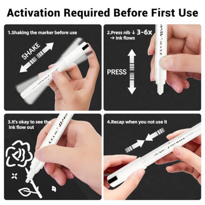 SFAIH Acrylic White Paint Pens - 8 Pack 2-3MM Medium Tip & 0.7MM Extra Fine Paint Marker for Rock Painting, Wood, Metal, Fabric, Plastic, Canvas, Glass, Ceramic, Diy Crafts, White Out Pen | High Coverage, Waterproof Permanent Marker,Rock Painting, Wood, F