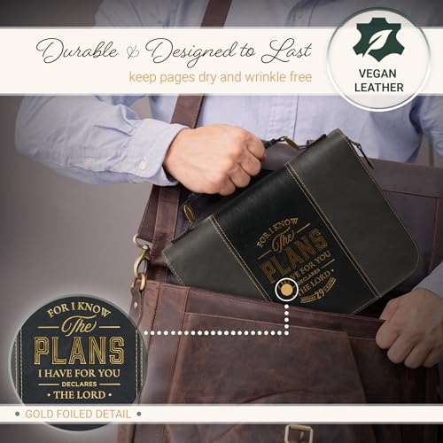 Christian Art Gifts Classic Vegan Leather Premium Inspirational Bible Cover for Men & Women: Know the Plans Encouraging Scripture, Pen Loops, Ribbon Bookmarks, Pockets, Charcoal/Black/Gold, Medium - size: Medium