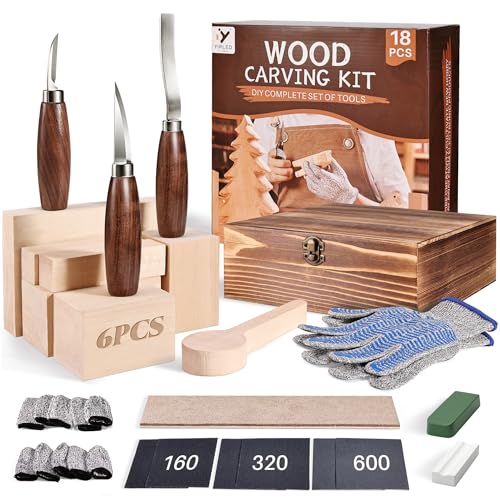 Wood Carving Kit for Beginners, Wood Carving Tools with 3Pcs Whittling Knife 7Pcs Basswood Carving Blocks, Grade 5 Anti Cutting Gloves, Leather Strop, Polishing Compound, Entry-Level Carving Gift Set
