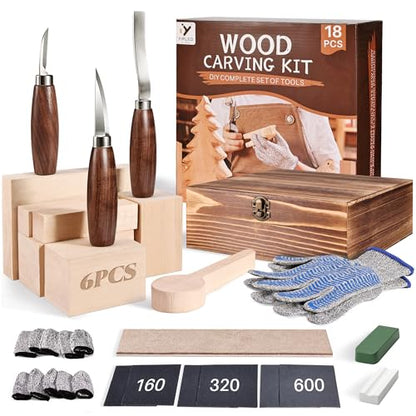 Wood Carving Kit for Beginners, Wood Carving Tools with 3Pcs Whittling Knife 7Pcs Basswood Carving Blocks, Grade 5 Anti Cutting Gloves, Leather Strop, Polishing Compound, Entry-Level Carving Gift Set