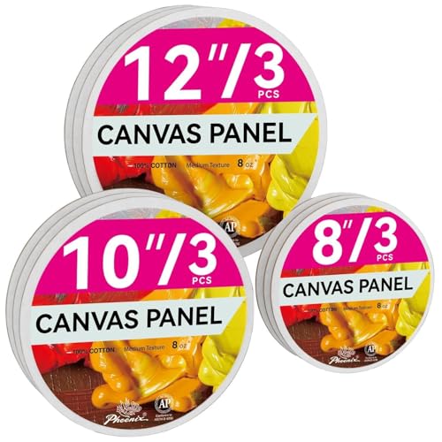 PHOENIX Round Canvas Painting Boards - 8 10 12 Inch/ 3 Pack Each - 9 PK Circle Canvas Boards for Painting - 100% Cotton Flat Triple Primed Blank Canvas for Oil, Acrylic Painting & Crafts - color: White, size: 8", 10", 12"
