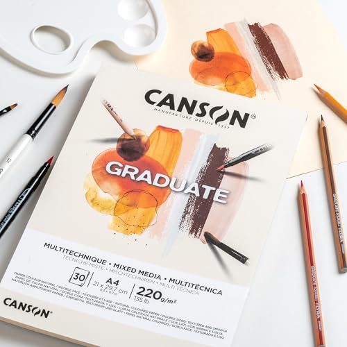 CANSON Graduate Mixed Media 200gsm A4 Paper, Double Sided: Grained and Smooth, Pad Glued Short Side, 30 Natural Sheets, Ideal for Student Artists