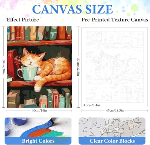 ZRIZQ Paint by Numbers Kit for Adults Beginner,Cat Books,16x20 | Full set with wooden brushes,rolled canvas,rich paints.Calming activity.Beginner friendly.Just open and paint. - color: 16"X20"Rolled Canvas(Frameless)-Cat Book