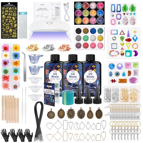 KISREL UV Resin Jewelry Making Kit, 300g Crystal Clear Resin with Light and Molds, DIY Jewelry Making Kit, Resina Starter Kits for Keychain and Earring - size: 300g