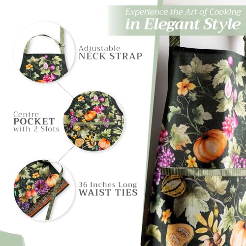 Maison d' Hermine Aprons for women with Pocket 100% Cotton (27.50"x31.50") | Adjustable Neck Strap & long ties Apron Men Chef Wedding Cooking Gardening Server Maid - color: 060 - Pumpkin Garden - Dark Green
