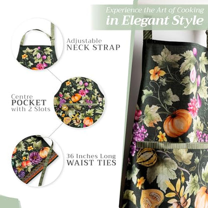 Maison d' Hermine Aprons for women with Pocket 100% Cotton (27.50"x31.50") | Adjustable Neck Strap & long ties Apron Men Chef Wedding Cooking Gardening Server Maid - color: 060 - Pumpkin Garden - Dark Green
