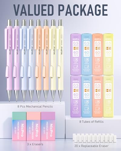 Nicpro 8 Pack Pastel Mechanical Pencil 0.5mm, Cute Pencils Fast Click | Mechanical Pencils Set with 480PCS HB Lead, 3 Erasers with Case, Aesthetic School Supplies for Writing Drawing Sketching - style: 8PCS-0.5mm