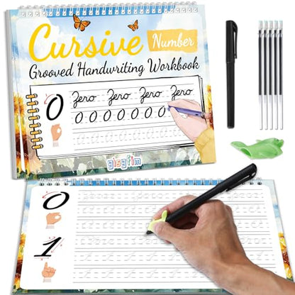 gisgfim Grooved Cursive Handwriting Workbook Magic Reusable Grooved Cursive Handwriting Practice Guided Tracing with Disappearing Ink Pens for Beginners Kids Learning Activities Supplies (Number) - style: Numbers