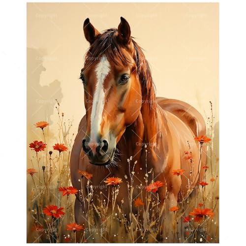 Animal Paint by Numbers Kit for Adults - DIY Brown Horse in Wildflower Field Painting on Canvas, Acrylic Paint Set, Suitable for Beginners, Art for Home Decoration or Gifts(12X16IN Framed) - color: HSX02834, size: 12X16IN Framed