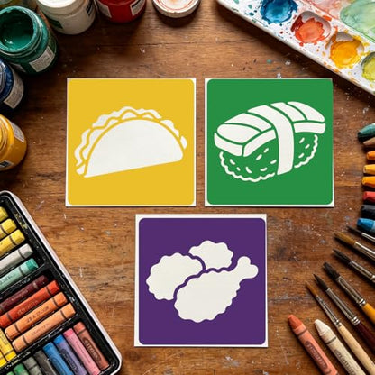 CUTHOLLOW 25PCS Food，Hamburgers, Desserts Painting Shape Stencils Sets - 8 Inch Reusable&Washable Drawing Template, Different Primary Themed Sidewalk Chalk Art Stencils Kit for Craft Room Wall Paper - style: Food Theme