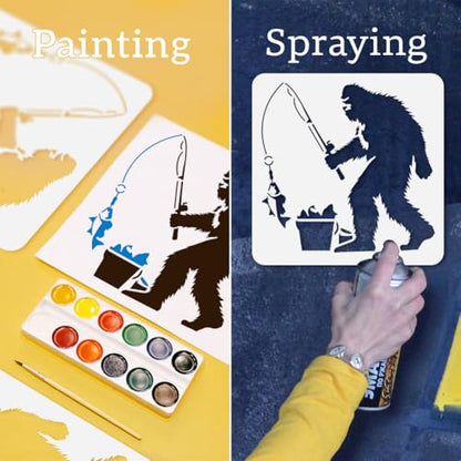 Sasquatch Fishing Stencil for Painting, 11.8"x11.8" Reusable Sasquatch Stencil Drawing Template, DIY Craft Paint Template for Wall Home Decor Wood Burning Card Journal Canvas - style: Fishing