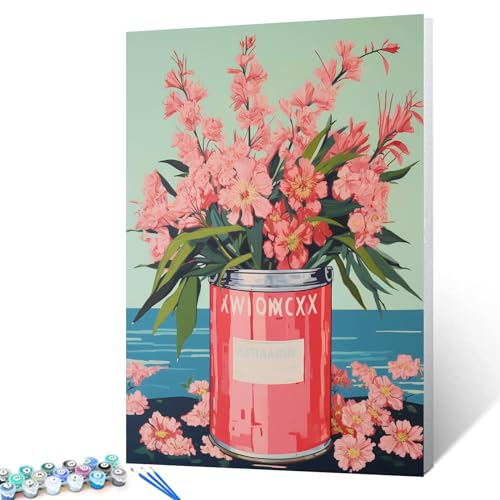 Paint by Number Pink Flowers in a Pink Tin DIY Cute Painting on Canvas with Brushes Acrylic Paints Floral Green Leaves Paint by Numbers for Adults and Kids Student Beginner 16x20 Inch（DIY Frame） - color: Floral in Tin 01, size: 16''x20''(DIY Frame)