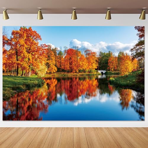 Yeele 15x9ft Natural Lake Scenery Backdrop Autumn Golden Tree Blue River Outdoor Landscape Photography Background Countryside View Kid Adult Portrait Photo Studio Props - size: 15x9ft