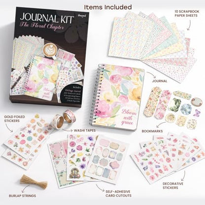 Unwynd Floral Chapter Journal Scrapbooking Starter Kit for Women Adult Teen | Junk Scrapbook Supplies - Washi Tape, Stickers, Paper, Bullet Art, DIY Journaling Scrapbooks Set - Calligraphy & Sumi Brushes