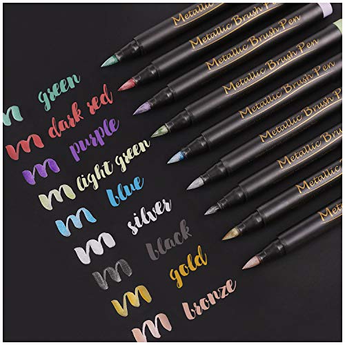 Dyvicl Metallic Brush Marker Pens - Metallic Pens Art Markers for Calligraphy, Brush Lettering, Black Paper, Rock Painting, Card Making, Scrapbooking, Fabric, Metal, Ceramic, Wine Glass, Set of 9 - style: 9 Brush tip