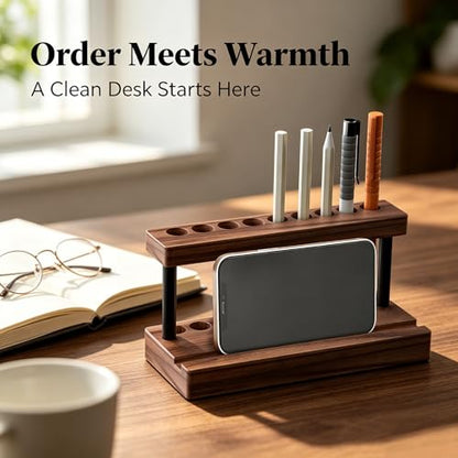 Pencil & Pen Holder for Desk, Solid Walnut Pen Display Stand with 9 Slots and Cell Phone Holder, Aesthetic Pen Organizer for Minimalist Office Desk Decor