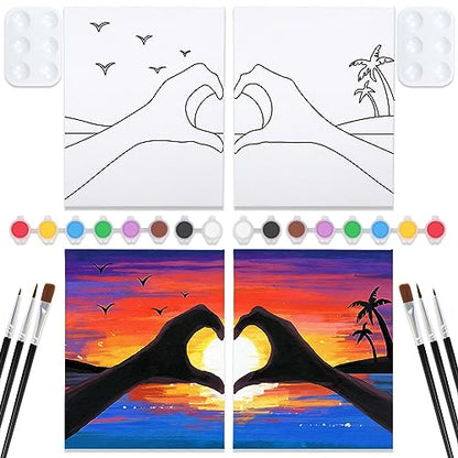 VOCHIC Sip and Paint Kit, Pre Drawn Canvas Couples Painting Party Kits Paint Art Set with Outline Canvas for Adults Date Night Couple Sunset Heart 2 Pack (12 x 16 Inches) - size: 12x16, style: Sunset Heart
