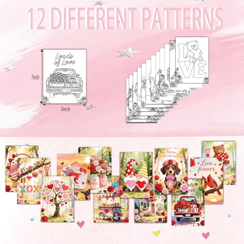 Niteform 12 Packs Valentine's Day Pre Drawn Canvas to Paint， 5x7 in Pre Printed Canvas Boards, Pre Stretched Outline Painting Kits for Beginners, Adults, Party Favors & Romantic Craft Activities - style: 5*7-valentine