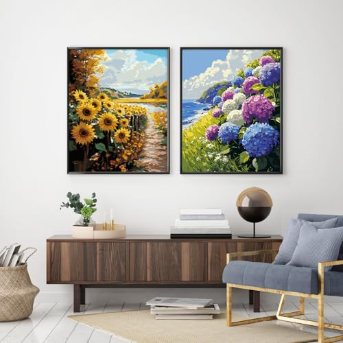 Possoco 2 Pack Paint by Numbers Kit for Adults Beginner, Flowers Adult Paint by Number Kits on Canvas, DIY Hydrangea Sunflower Landscape Acrylic Painting by Number Kits for Home Decor Gift 16x20 Inch - color: DG-OP-2P-Flowers-4050