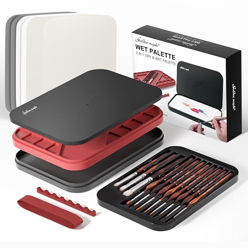 Wet Pallet for Painting Miniatures - Golden Maple 2 in 1 Dry and Wet Palette with Lid, Including 11 Miniature Paint Brushes,100PCS Palette Paper, 4PCS Sponges, Paint Brushes Holders - color: Red+black