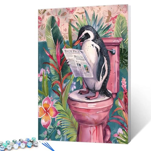 Black and White Penguin Paint by Numbers for Adults Beginner Funny Animals Penguin DIY Acrylic Painting by Numbers Painting Kit Gifts Arts Crafts for Home Wall Bathroom Decor16x20Inch Frameless - color: Paint By Number-closestool 12, size: 16''x20''(Frame