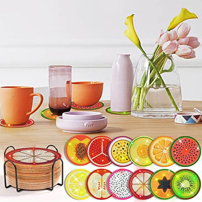 Billbotk 12 Pieces Diamond Art Painting Coasters Kit with Holder, Diamond Art Coasters, DIY Diamond Crafts Projects, Diamond Dot Kits for Adults and Beginners(Fruit Style)