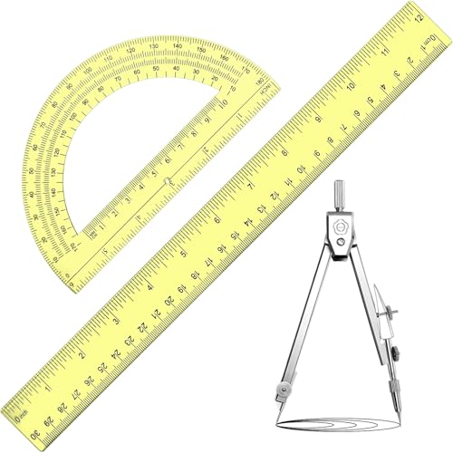 Zonon 3 Pcs 12" Clear Plastic Ruler 6 Inch Protractor Compass Set, Yellow - color: Yellow, size: 12 Inch