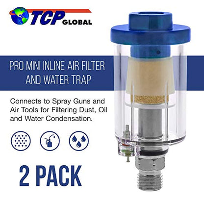 TCP Global Mini In-Line Air Filter (2 Pack) - Water & Oil Separator | With Drain Valve - Water Trap, Air Dryer, Removes Moisture, Dirt - Use on Compressor Hose, Pneumatic Tools, Paint Spray Guns