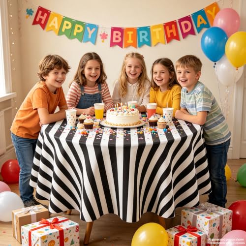 3 Pack Black and White Stripes Round Tablecloth Stripe Outdoor Table Cover Round Table Cover Plastic Table Cloth 84 in Round for Kitchen Dining Wedding Party