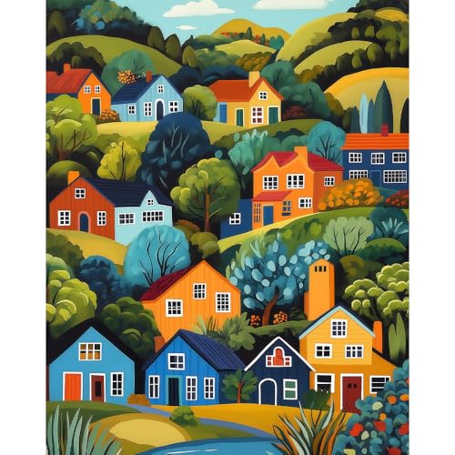 Natuyalo Mountain Paint by Number Kits for Adults - Town Landscape Paint by Numbers for Beginner, House Trees Acrylic Painting by Numbers for Home Wall Decor Gift (16x20 inch) - color: Color-08