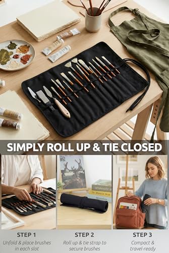 30-Slot Roll-Up Canvas Brush Holder, Black Paint Brush Case | Durable Canvas Organizer for Artists, Portable Travel Design, Fits Brushes & Art Supplies (Brushes not Included) - color: Black