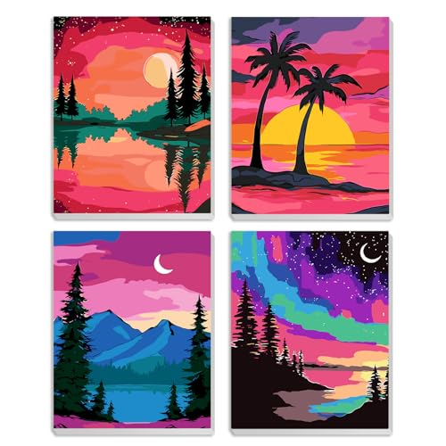 MXJSUA 4 Pack Moonlight Mountain Lake Framed Paint by Numbers Kit with Canvas for Adults Beginner, DIY Acrylic Oil Painting Kits with Brushes for Home Wall Decor Gift (8x10 inch) - color: Moonlight Mountain Lake