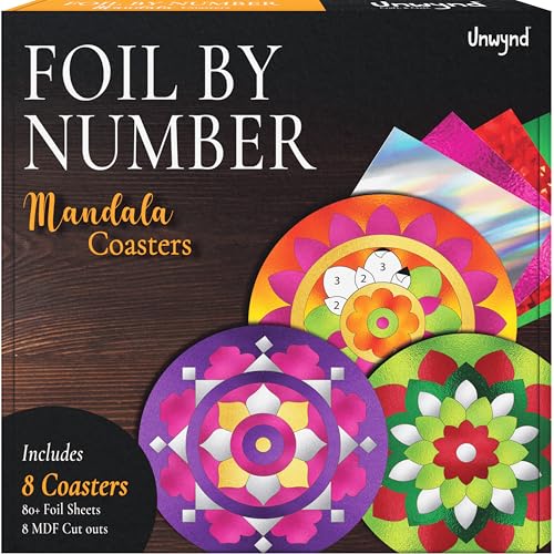 Unwynd Foil/Paint by Number Mandala Art & Craft Kit,Fun Adults, Women,Teens | 8 thick coasters, 80 foil sheets, fixative, sticker poke diy hobbies for kids, girls, ages 9-12, ladies, gifts for seniors