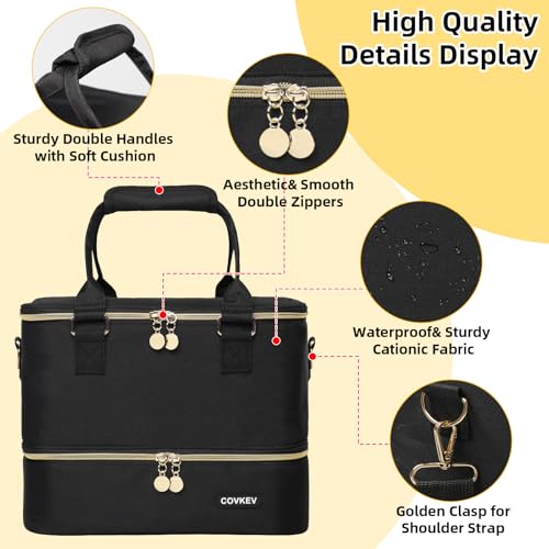 Covkev Nail Polish Organizer Hold 80 Bottles (15ml/0.5 fl.oz)& Nail Lamp, Double Layer Nail Bag Organizer Case with Handle, Large Nail Supplies& Kit Storage Case for Women Travel (Black& Golden)
