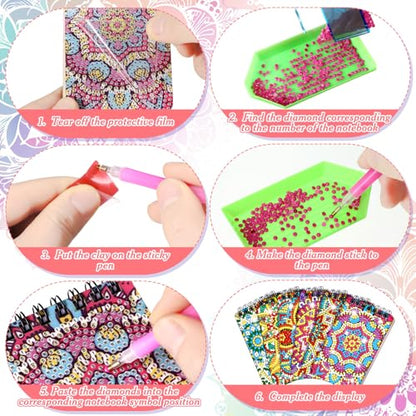 Fuyoooo 12 Pcs Mandala Diamond Art Notebook for Adults, 4.72 x 2.83 Inch | Mandala Diamond Art Kits, DIY Cover Notebook Diamond Painting for Beginners, 5d Journal Art Notepad Accessories - style: Mandala