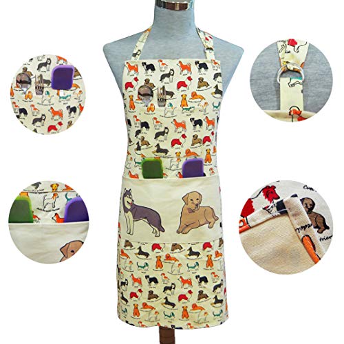 2 Pack Bid Aprons, Adjustable Kitchen Apron with 3 Pockets, Chef Works Apron. - color: Dog Flower