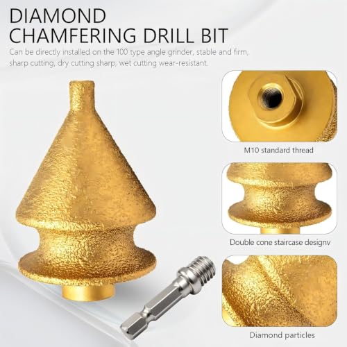 4-in-1 Diamond Chamfer Bit with M10 Hex Shank Adapter, 10-50mm Enlarging & Trimming Tool for Angle Grinder, Vacuum Brazed Diamond Grinding Wheel for Tile Marble Granite Ceramic Beveling & Hole Repair