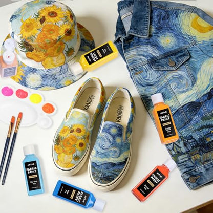 Artme 24 Colors Fabric Paint (60ml/2oz), Permanent Soft Fabric Paint Set with 10 Brushes, Palette, Stencils, Non-Toxic Waterproof Textile Paint for T-Shirts, Jeans, Shoes, Bags, DIY Crafts