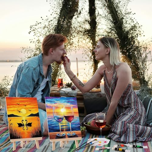 Cholemy 36 Pcs Paint and Sip Kit for Adults 8''x10'' Pre Drawn Canvas for Painting DIY Afro Acrylic Painting Kit Wood Easel Brushes Date Night Bulk for Mother's Day Party Gifts - style: Sunset