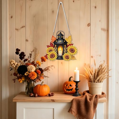 CEOVR Lantern Sunflower Hanging Diamond Art for Adults, Fall Diamond Painting Pendant, DIY Special Shape Gem Art Window Ornament, Acrylic Home Wall Decor with Chain, Box Kit 7.87×6.89inch - color: 22-Lantern