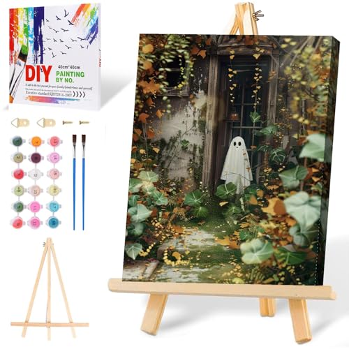 Halloween Paint by Numbers for Adults with Framed Canvas-with Wooden Easel,Ghost Paint by Number on Canvas,DIY Acrylic Oil Painting Kits with Brushes Nice Gift Box for Home Wall Decor(12x16 Inch) - color: DKMT0916