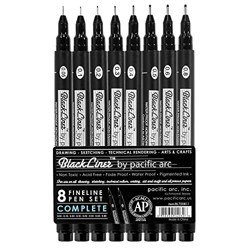 Pacific Arc Blackliner Black Fineliner Pens - Set of 8 Differently Sized Fine Drawing Pens for Artists, Sketching, Journaling, Hand Lettering, and Calligraphy - size: 8 Pack | All Sizes