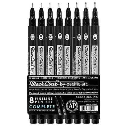 Pacific Arc Blackliner Black Fineliner Pens - Set of 8 Differently Sized Fine Drawing Pens for Artists, Sketching, Journaling, Hand Lettering, and Calligraphy - size: 8 Pack | All Sizes