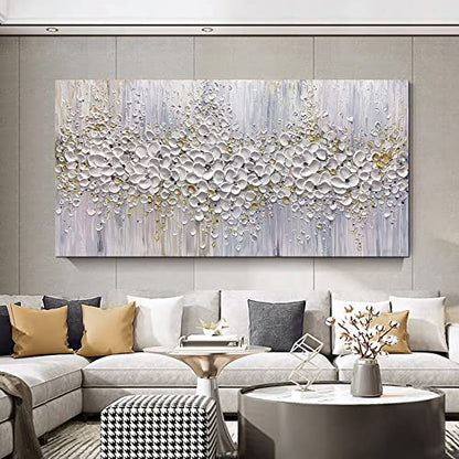 ART8YUQI Paintings - Contemporary Abstract Art Oil Painting On Canvas Texture 3D White Flower painting Handmade Artwork Picture Canvas Wall Art Modern Home Decor living room Ready to Hang 24x48inch