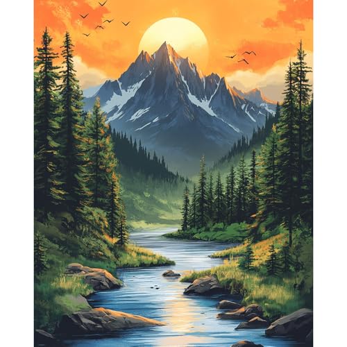 Mountain Paint by Numbers Kit for Adults Beginner Sunset Oil Painting Kit Adult Paint by Number Kits on Canvas Landscape DIY Painting for Beginners Art by Numbers for Gifts Home Wall Decor 16x20 Inch - color: YF015