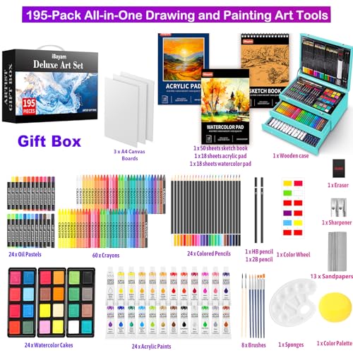 iBayam 195-Pack Deluxe Art Kit – Painting & Drawing Set for Adults | 195-pc all-in-one art set with acrylics, canvases, crayons & pads in a wooden case. Non-toxic & perfect for adult artists - color: Teal