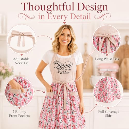 Cute Floral Apron for Women with Pockets, Cotton, Adjustable Straps - color: Pink